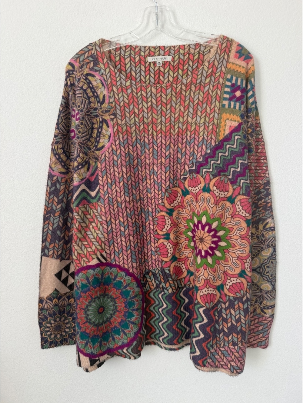 John Mark NWT Long Sleeve Scoop Neck Patchwork Print Boho Sweater Womens Size 1X